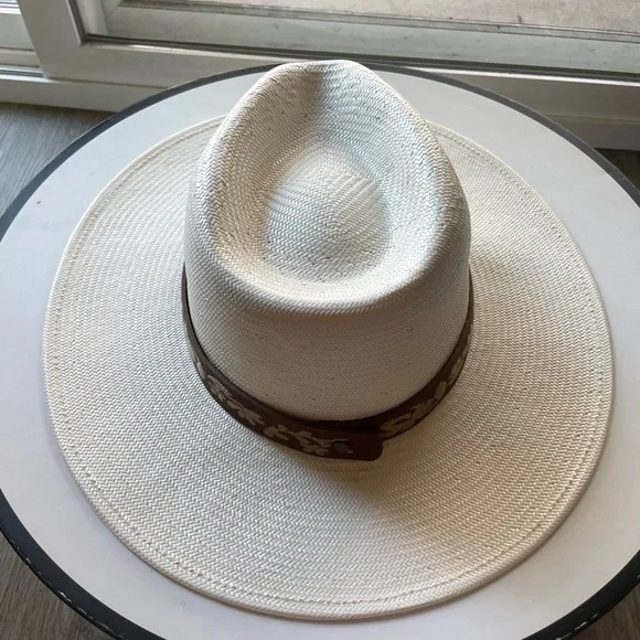 wyeth remy ivory white embroidered band western panama fedora straw sun hat NEW - Picture 5 of 8